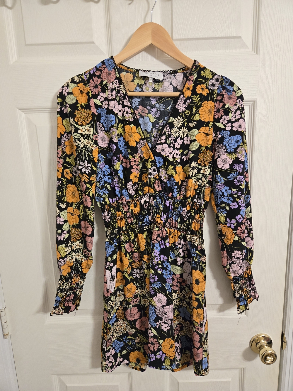 Wayf Black And Orange Colorful Floral Mini Dress V Neck Size XS